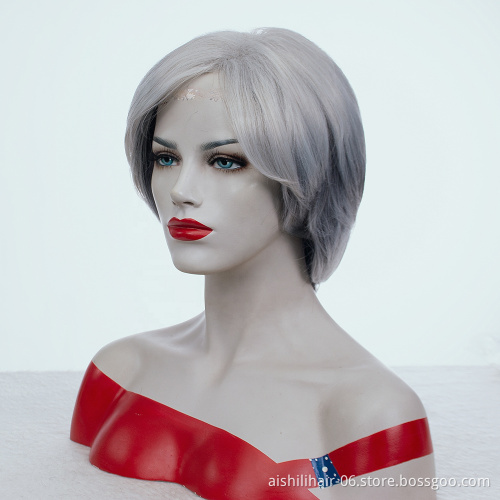 Short Stright Silk Nature Wave Synthetic Hiar Wigs With Cut Silver Gray Ombre Dark Gray Wigs For White Women